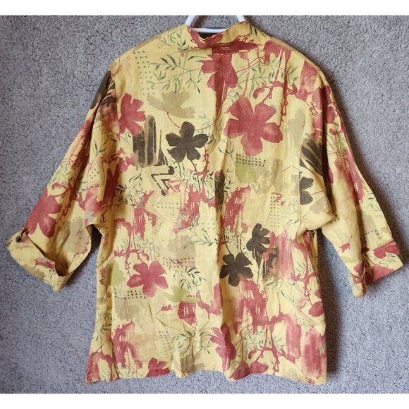 Click by Color Me Cotton Hi Low Jacket Top Yellow Floral 100% Linen Lagenlook M - Picture 10 of 11
